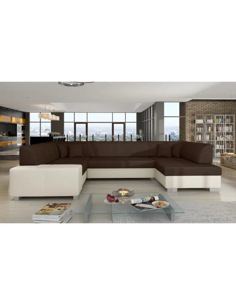 Divano panoramico a U Marrone & Bianco convertibile 6 posti HAVANA con contenitore integrato
