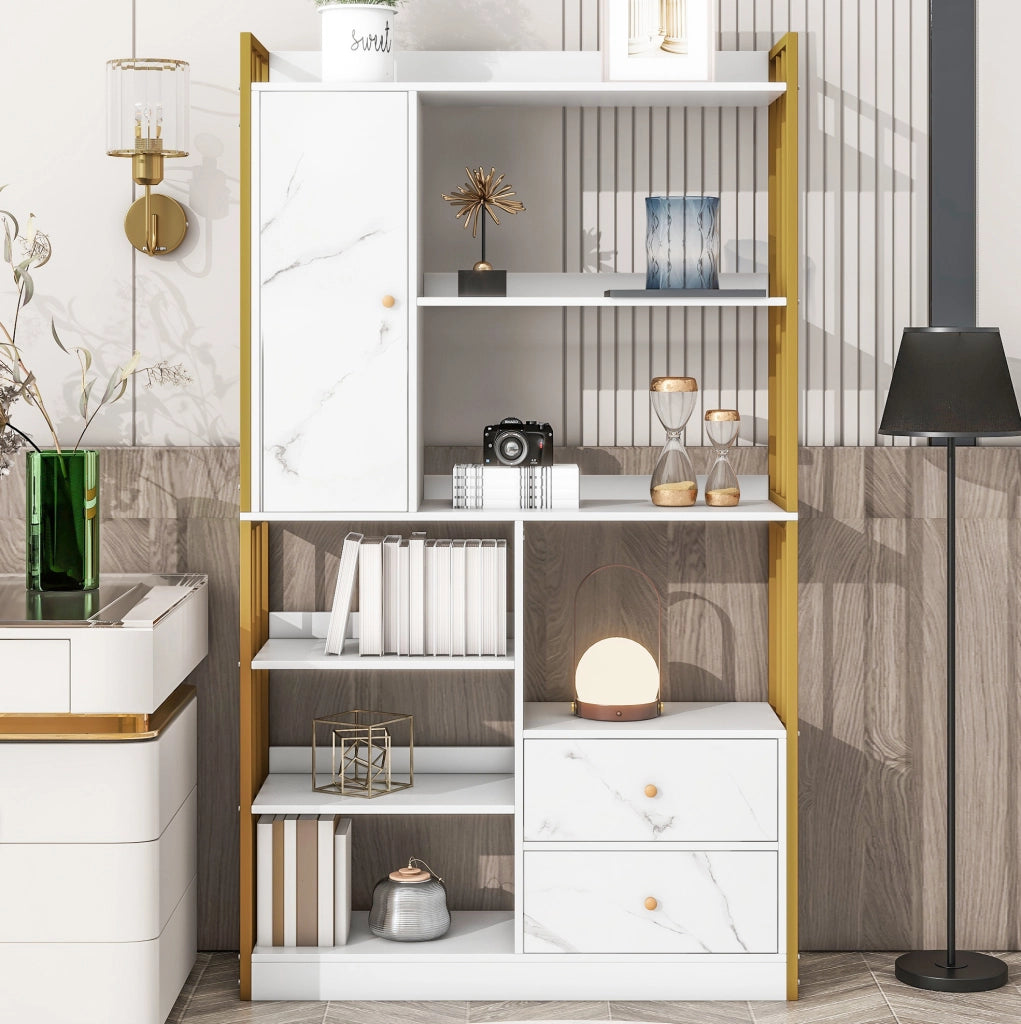 Libreria  100 x 30 x 173,5 cm bianco e oro – 6 ripiani, ante e cassetti