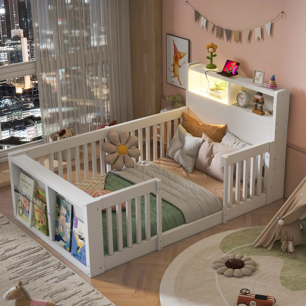 Letto per bambini 90x190 cm con sponde alte, USB e luce notturna bianco