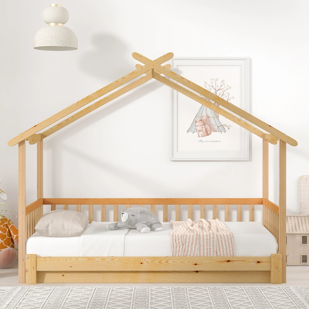 OKWISH Letto a Casetta 200×90 cm e 200×180 cm, Letto Matrimoniale estensibile con Sponde 3 Lati e Struttura a Casa, senza Materasso