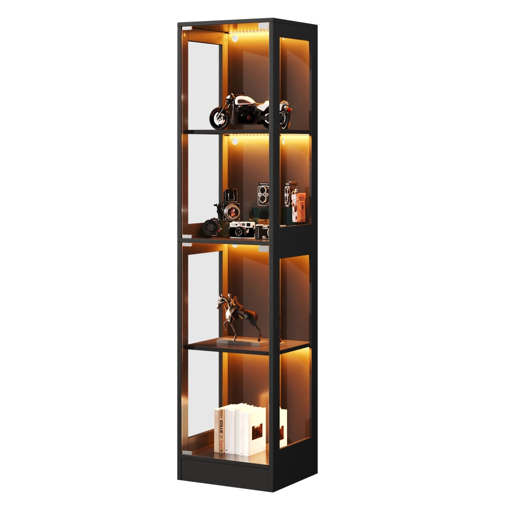 Vetrina Espositiva con LED ¨C MINIMAL ¨C Nero, Vetro Temperato, 4 Ripiani, 40x35x170