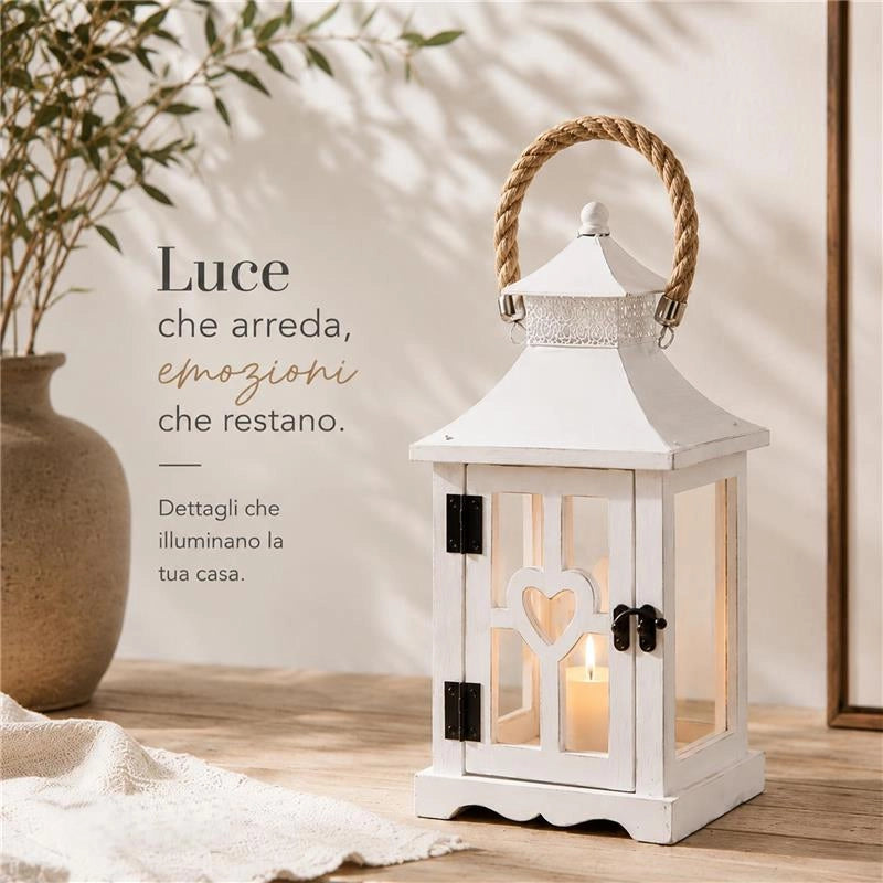 LANTERNA IN LEGNO BIANCO CON MANICO DIMENSIONI 18X18X32H CM - COLORE BIANCO