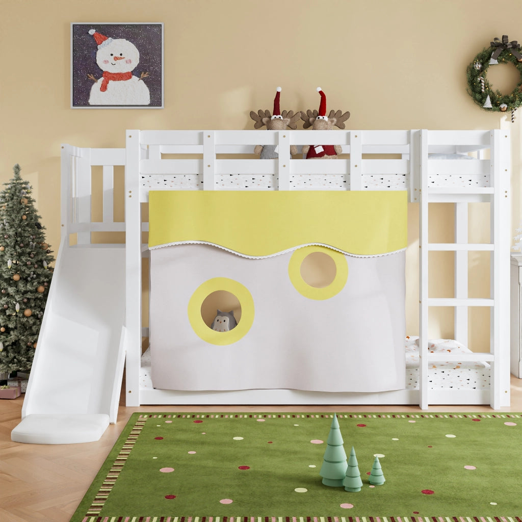 OKWISH Letto a Castello 90×200 cm, Letto Singolo con Scala, Scivolo e Tende, Sponde di Sicurezza, senza Materasso, Bianco