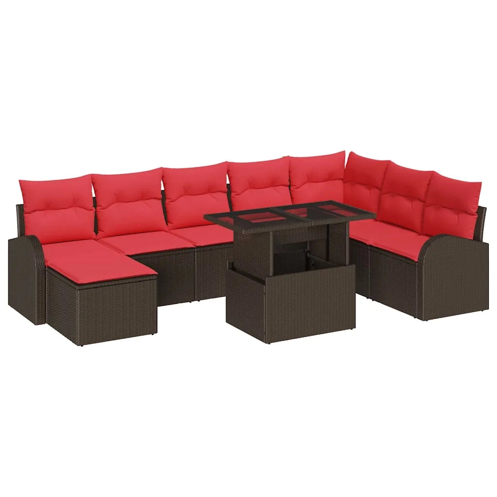 Set Divano da Giardino 9 pcs Marrone e Rosso polyrattan