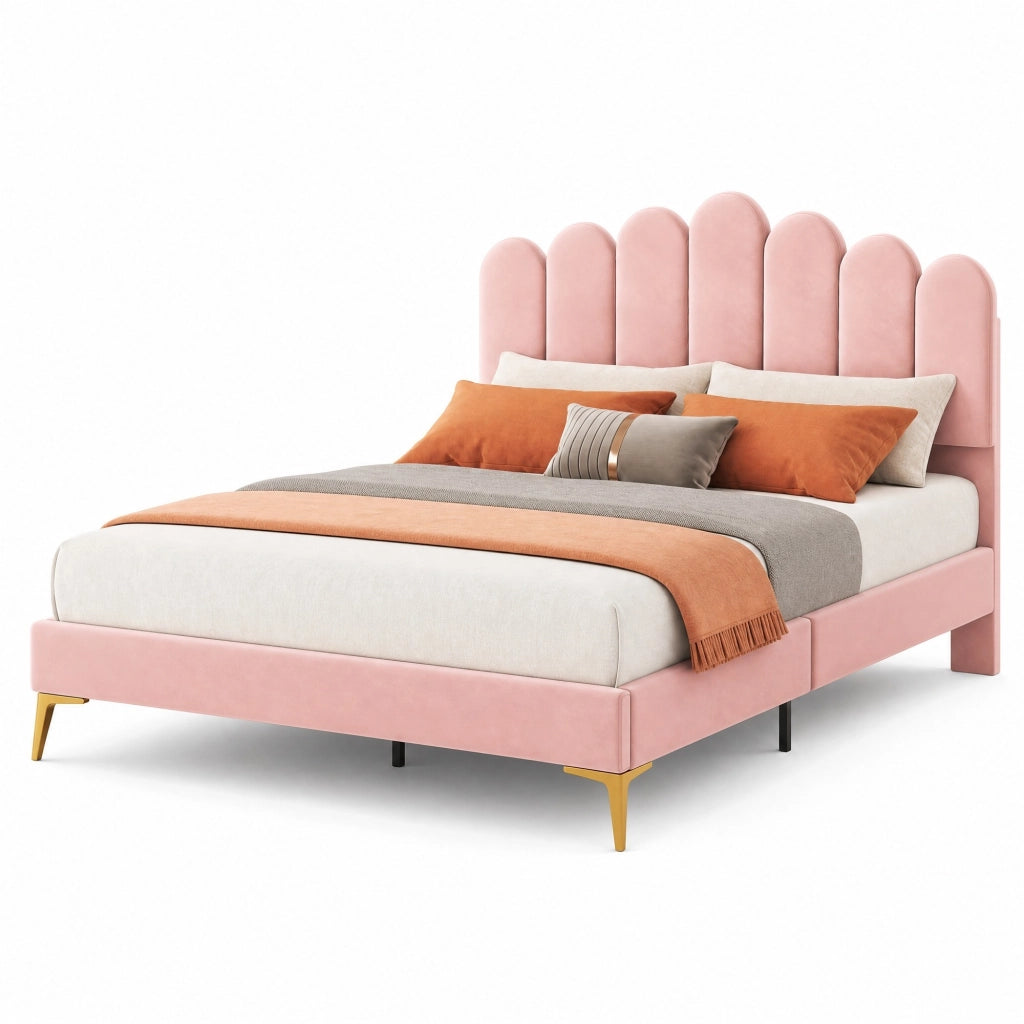 Letto matrimoniale imbottito 140x200 cm in velluto rosa con testiera regolabile