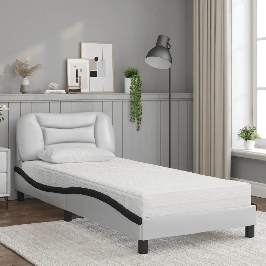 Letto con Materasso-Struttura Letto con Materasso Hvar Bianco e Nero 90x190 cm in Similpelle