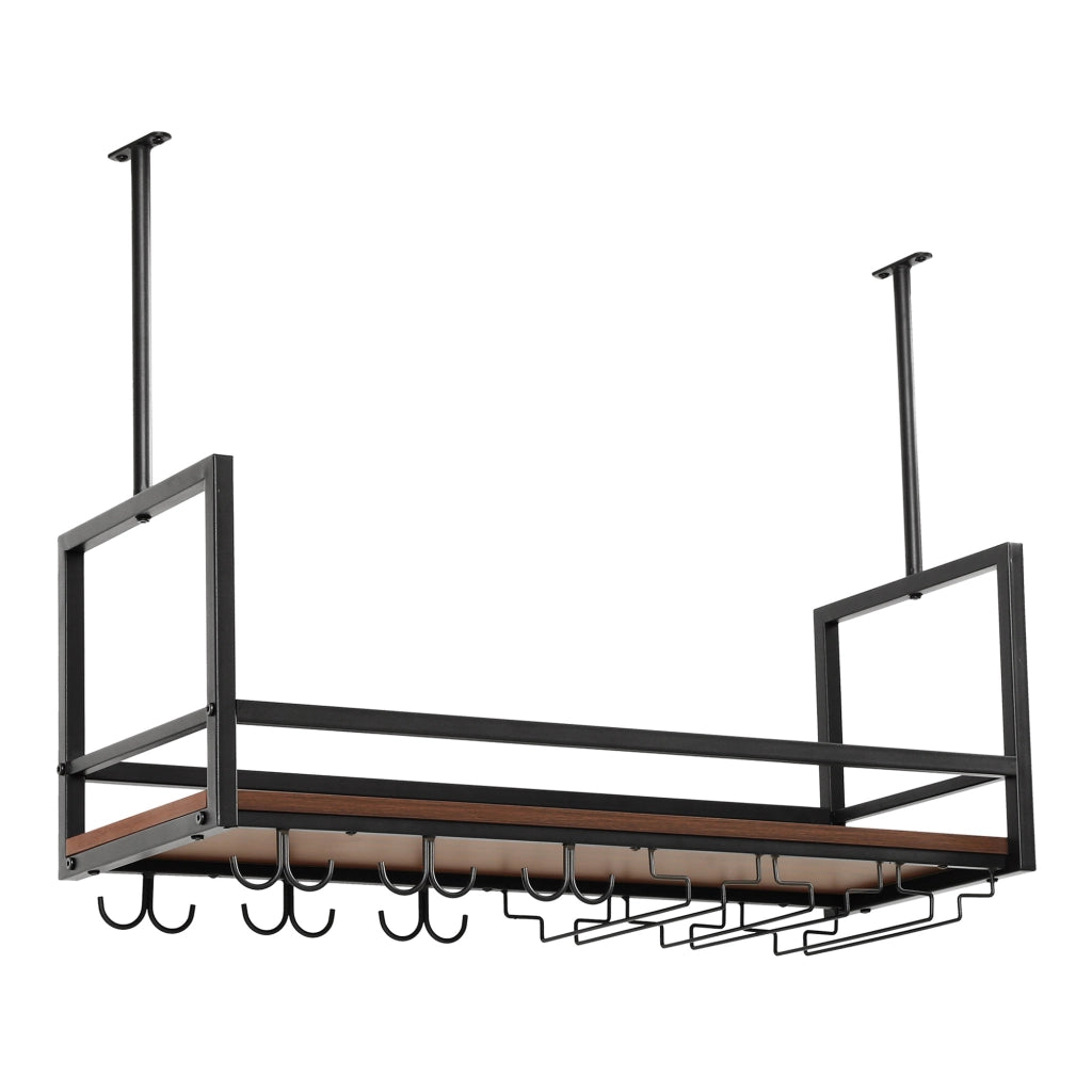 Portabottiglie Sospeso da Soffitto Borejle con Portacalici e Ganci per Tazze 80x30x65 cm Nero / Effetto Noce [en.casa]