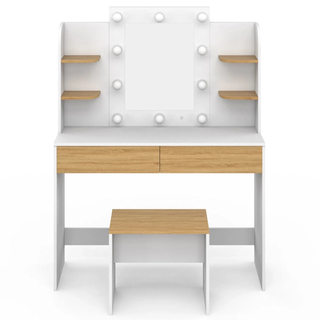 IDMarket - Tocador ZELIA blanco y haya con 4 estantes, espejo LED y taburete