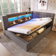 Letto matrimoniale 140x200 cm in lino grigio con LED; USB e contenitore idraulico