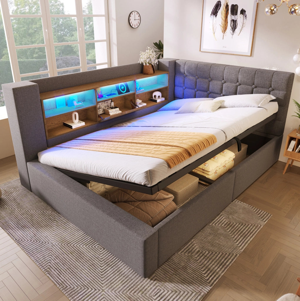 Letto matrimoniale 140x200 cm in lino grigio con LED; USB e contenitore idraulico