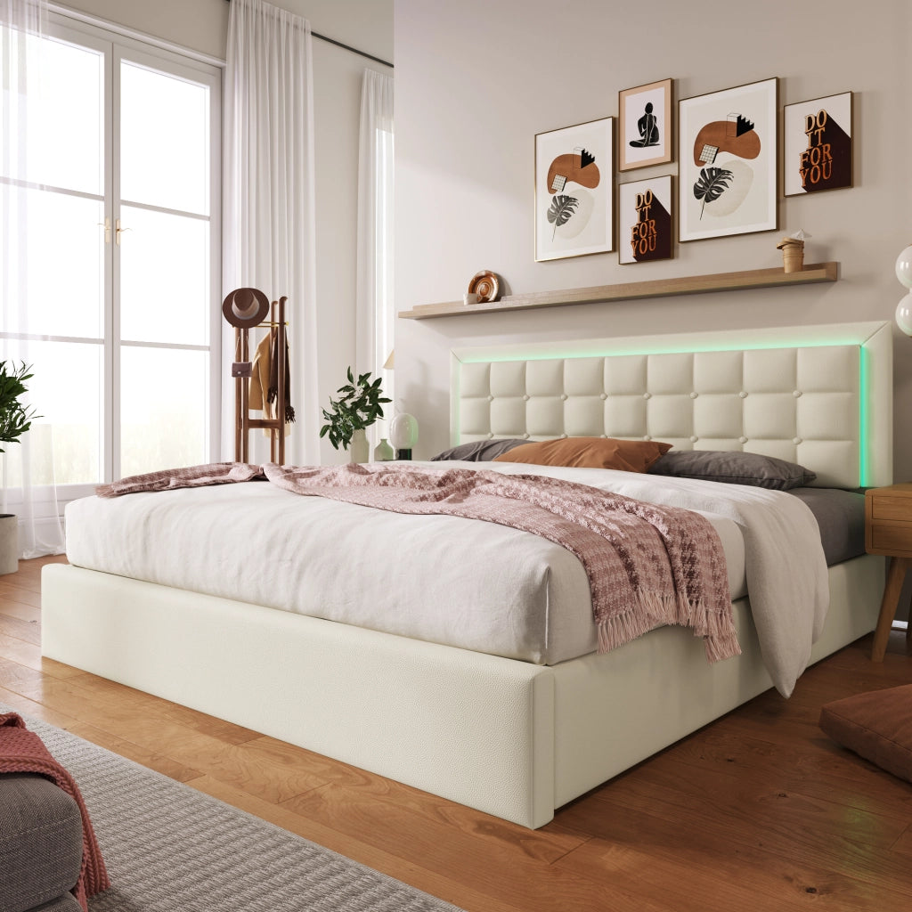 Letto contenitore matrimoniale 140 × 200 cm con illuminazione LED, contenitore idraulico e senza materasso, in PU bianco