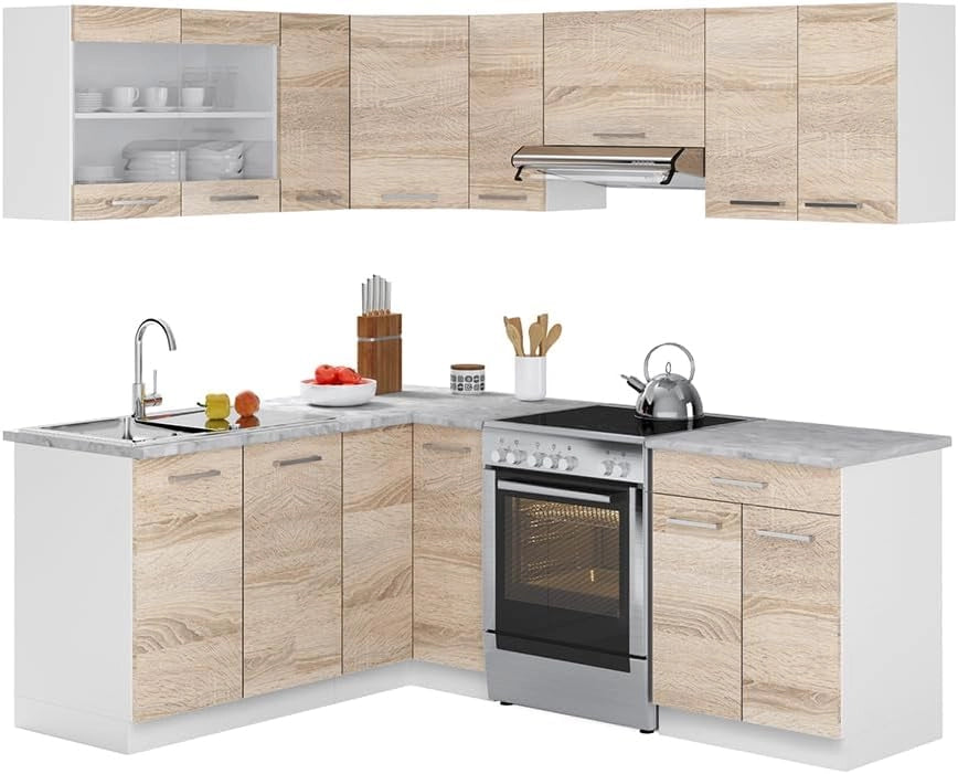Cucina ad angolo Rick, Bianco/Sonoma, 210 x 60 cm, PL Marmo, per disposizione flessibile ed espansione personalizzata