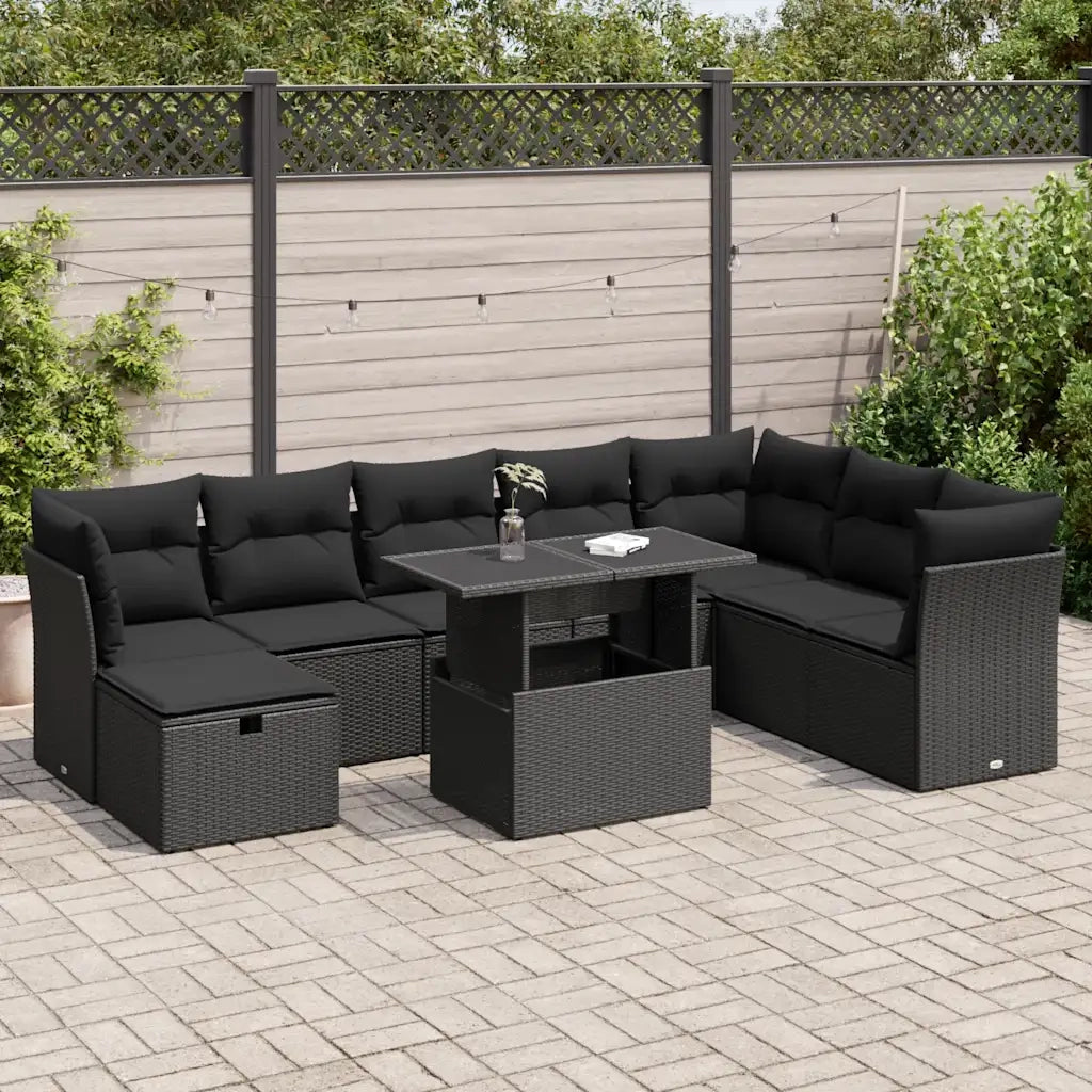 Set Divani da Giardino 9 pz con Cuscini Nero in Polyrattan
