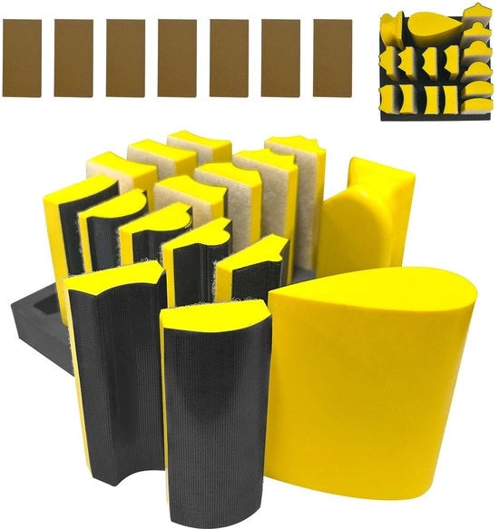 Set di levigatura a mano 16 pezzi - Kit di abrasione a cernita - 8 Blocchi concavi/6 Blocchi convessi - Lavorazione del legno/Carrozzeria - Restauro di mobili/Arte artigianale - Incluso 40 fogli - Kit di raschiatura