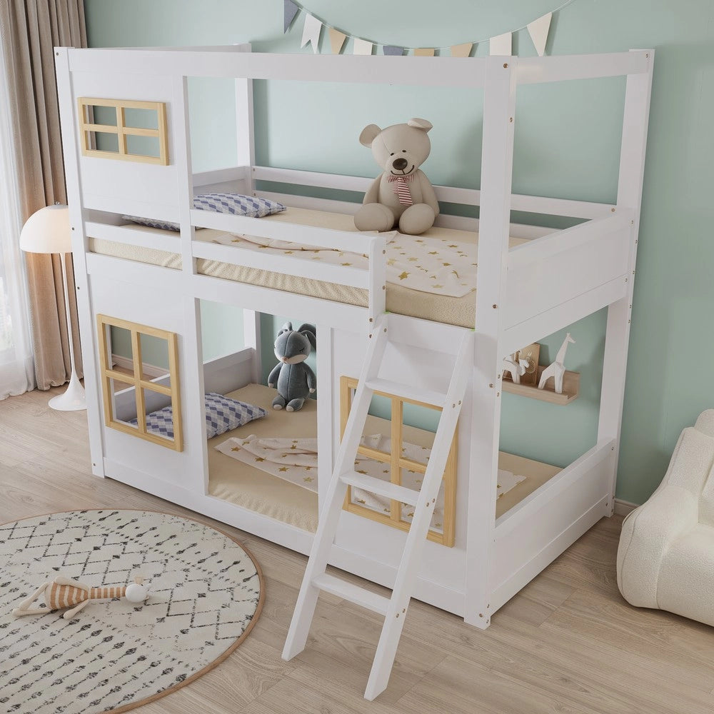 Letto a Castello per Bambini con Finestra e Scaletta ¨C MINIMAL ¨C Pino/MDF/Multistrato, Bianco, 90x200
