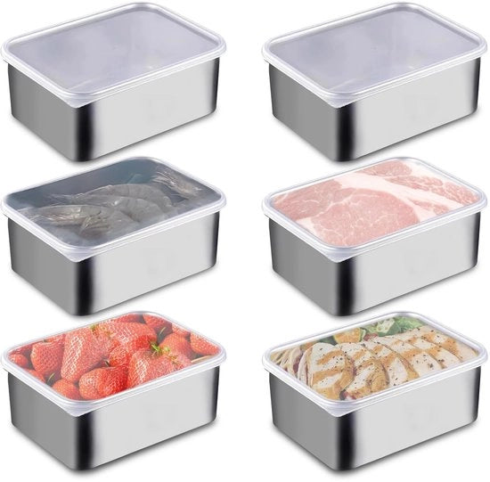 Set di contenitori di conservazione per alimenti in acciaio inossidabile - 6 contenitori - Stivabile - 500 ml - Coperchio trasparente