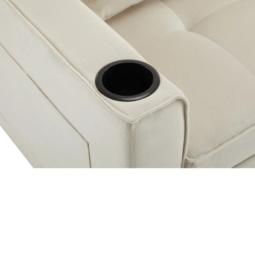 Divano letto pieghevole 2 posti in velluto beige con schienale regolabile e portabevande