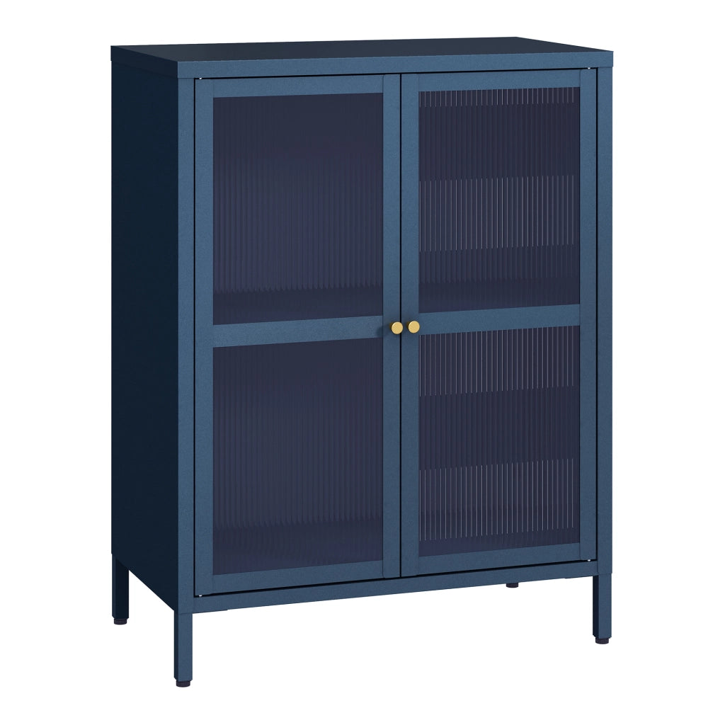 Credenza Säkylä Comò con Ante in Vetro Scanalato 84x64x35 cm Blu Marino [en.casa]