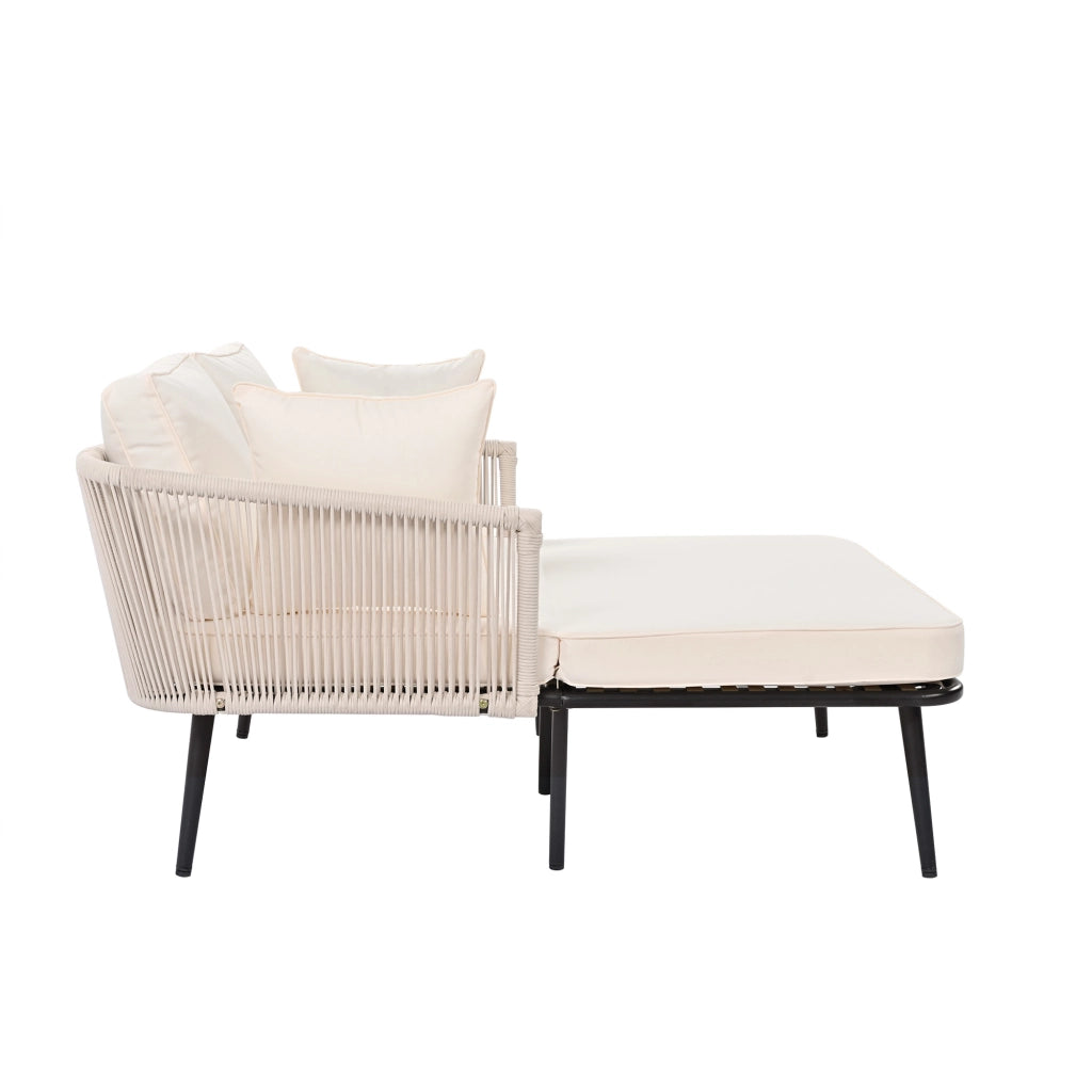 Lettino Prendisole Doppio con Cuscino 10 cm e 2 Cuscini; Schienale Intrecciato; Struttura in Acciaio; in Poliestere Beige