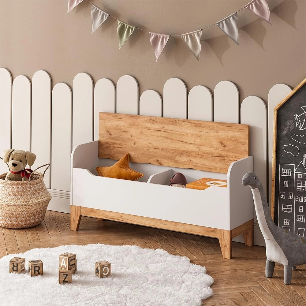 Cassapanca per giocattoli Malia, Bianco/Artisan, 107.2 x 50 cm con sedile, con spazio contenitivo e combinabile con altri mobili Malia