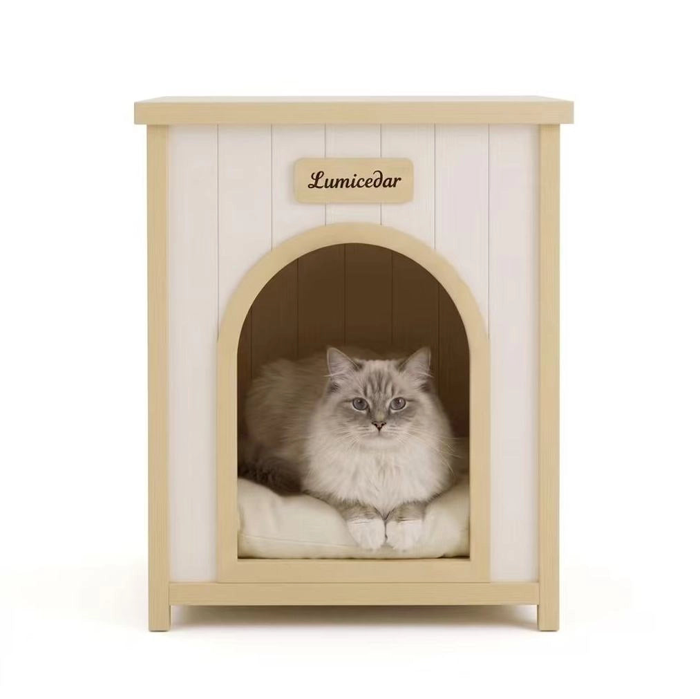 Cuccia per cani in legno con cuscino rimovibile; bianco crema