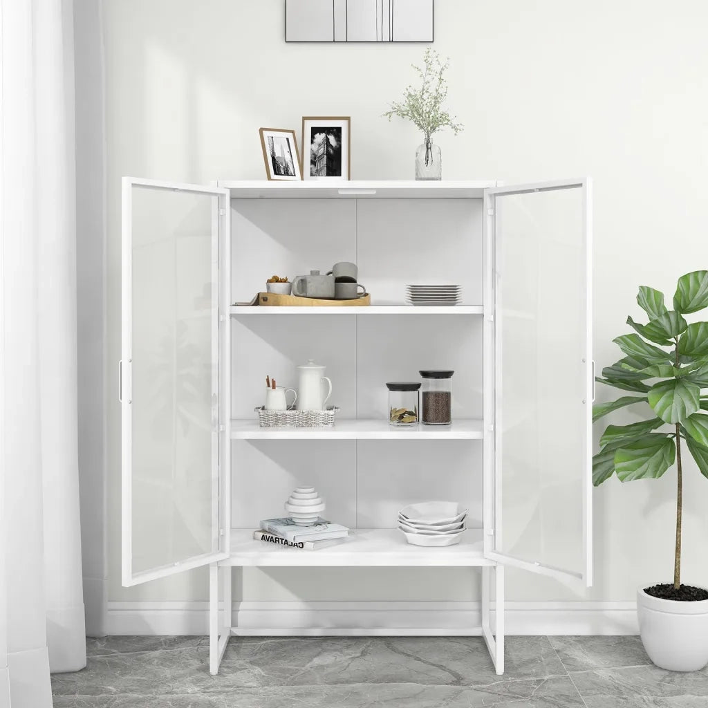 Credenza Alta Bianca 80x35x135 cm Acciaio e Vetro Temperato 335884