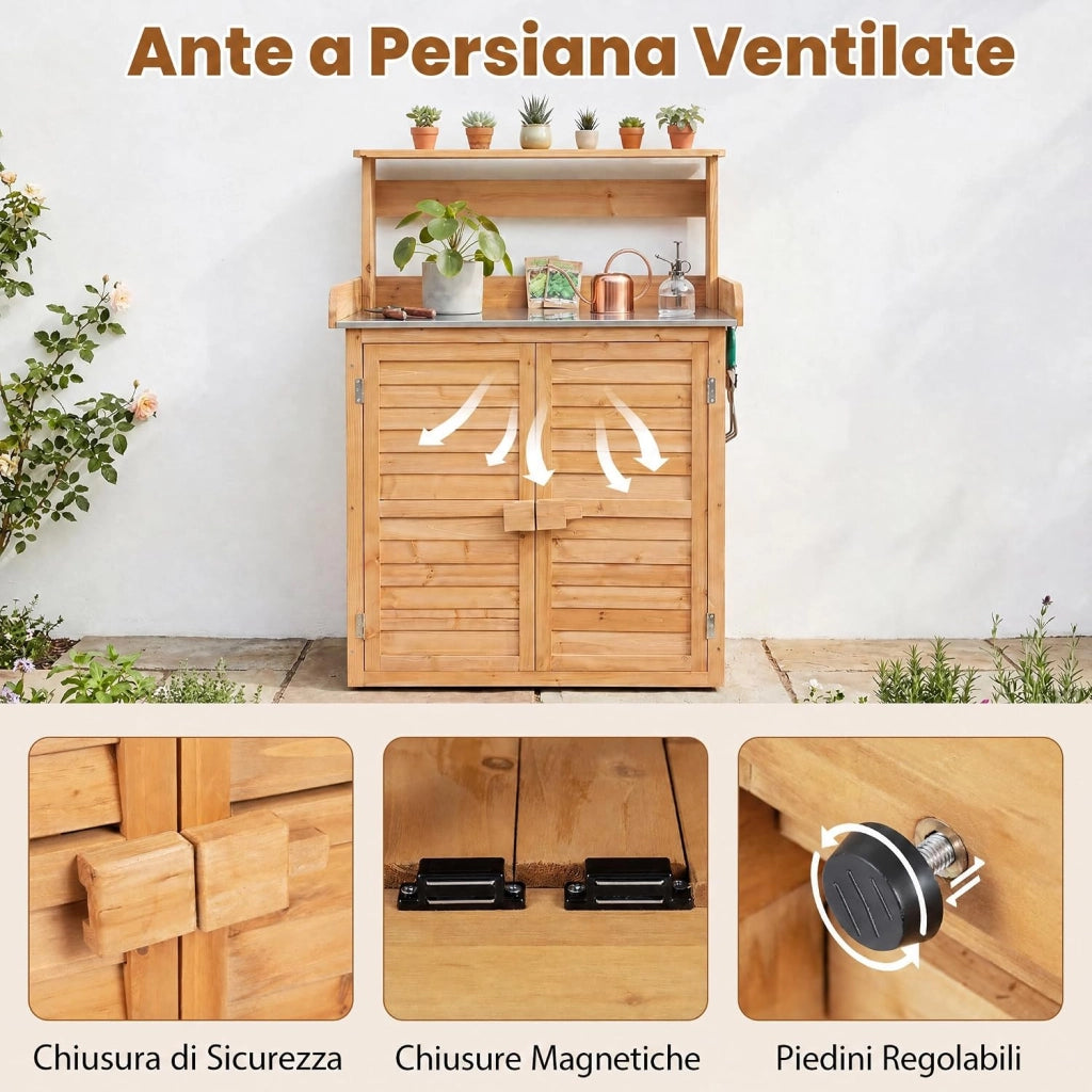 Armadietto da Esterno in Legno a 2 Livelli (Legno) | con Piano in Metallo Zincato, 3 Ganci Appendiabiti, Ripiani Rimovibili e Ante a Doghe, da Giardino, Balcone e Cortile