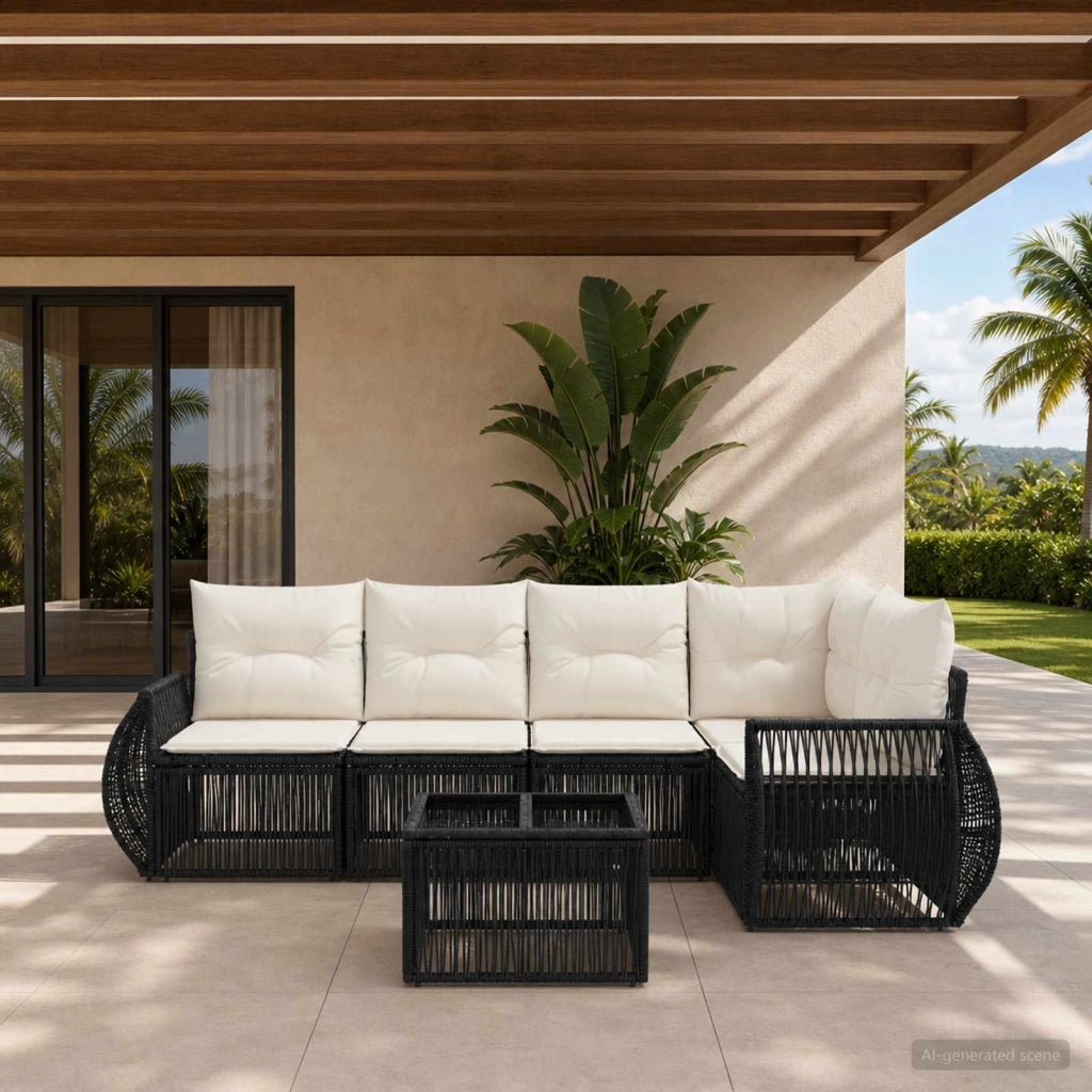 Set Divano da Giardino 6 pz Nero e Bianco Crema polyrattan 3435418