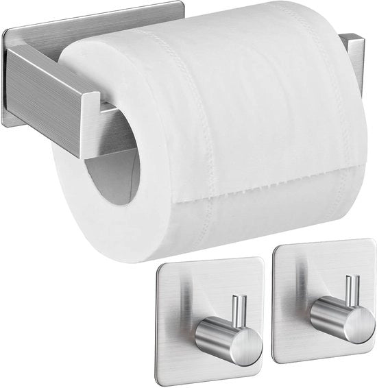 Supporto per carta igienica senza foratura, supporto per carta igienica autoadesivo in acciaio inossidabile Supporto per carta igienica con 2 ganci per asciugamani per cucina e bagno, argento