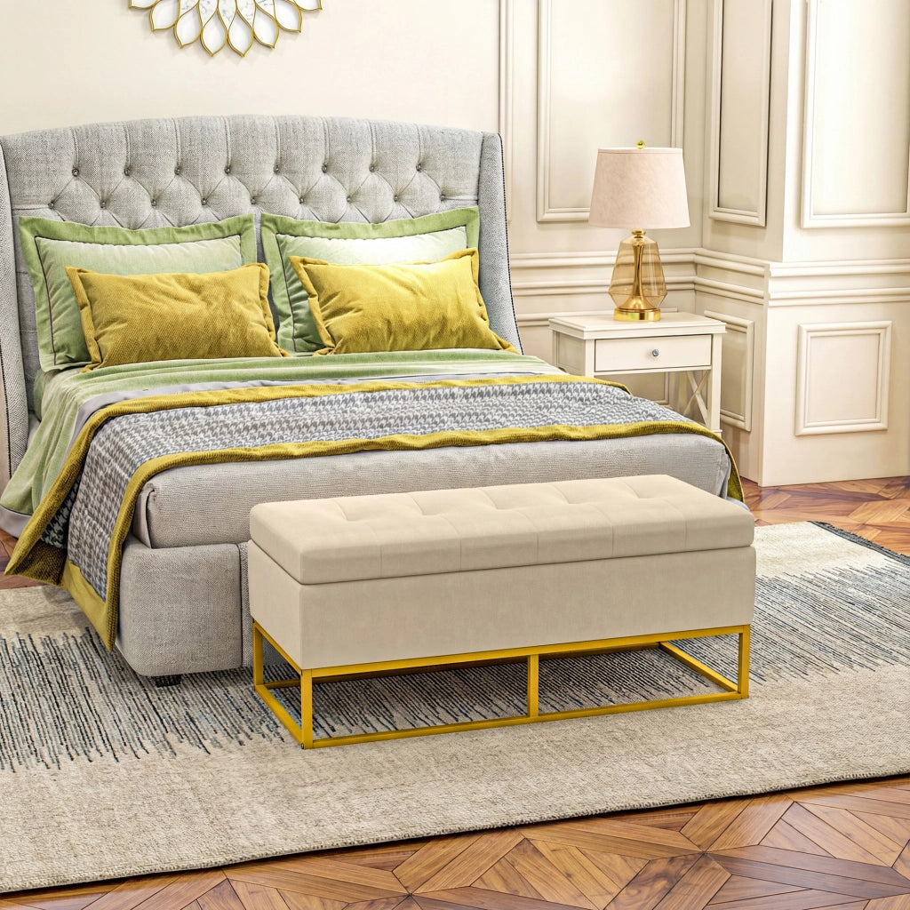 Panca Contenitore Imbottita con Gambe in Acciaio ¨C Xylo ¨C Beige, 110x44x49 cm