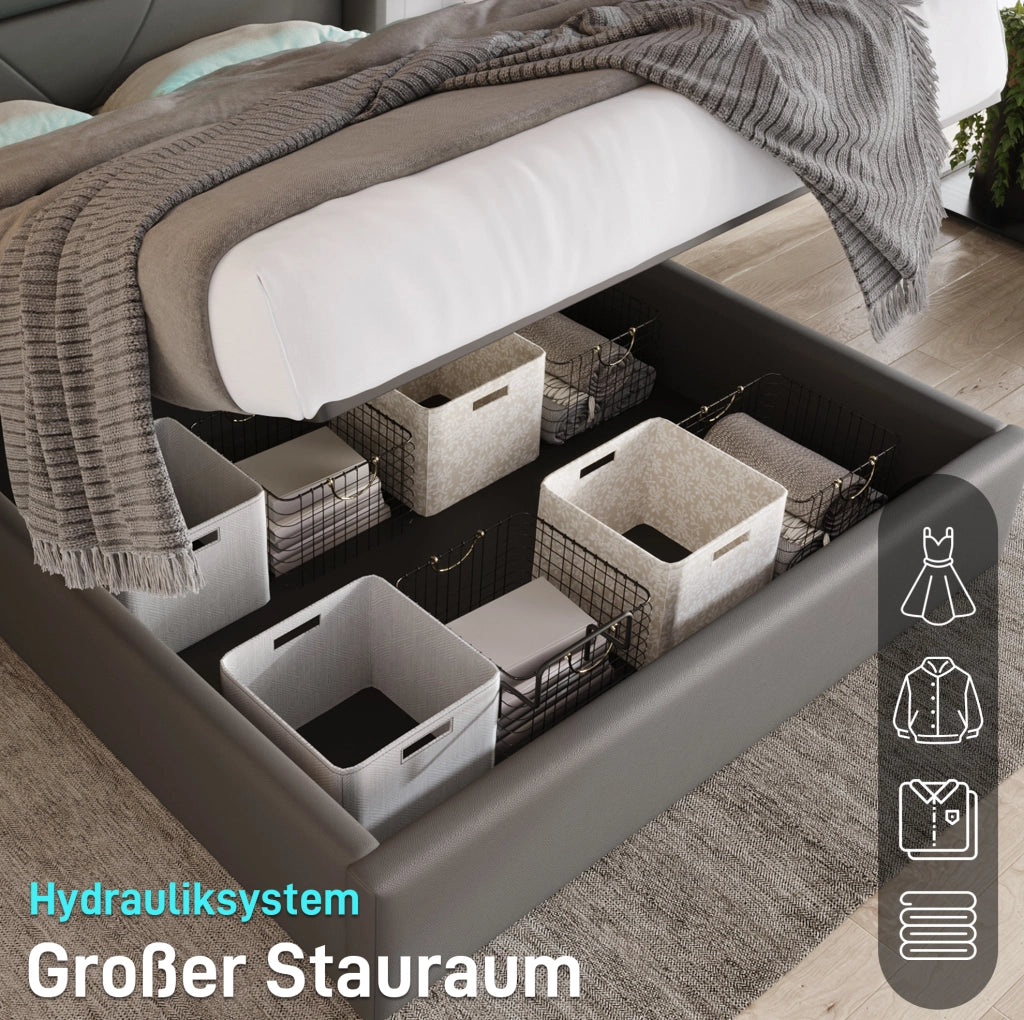 Letto contenitore 160x200 cm con LED e telecomando, grigio