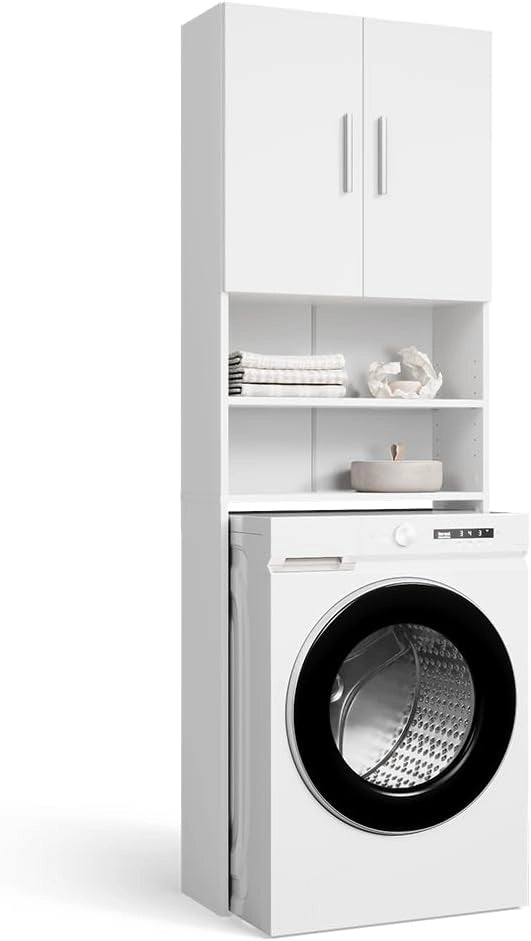 Mobile lavatrice, Bianco, 64 x 190 cm, adatto per la conservazione di detersivo e accessori