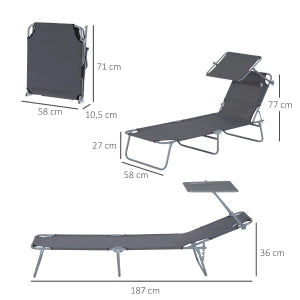 Sdraio da giardino pieghevole con parasole, 187 x 58 x 36 cm, grigio