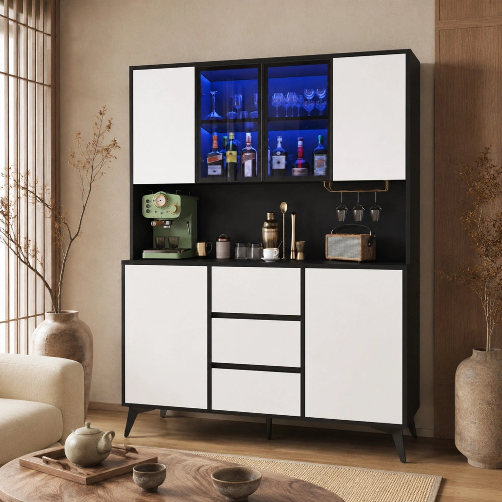 Credenza alta con vetrina LED regolabile tramite app 3 cassetti e portabicchieri in MDF bianco e nero