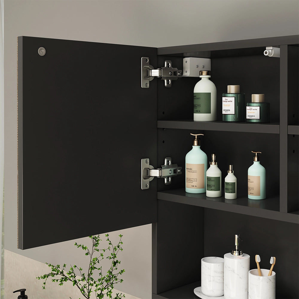 Vicco Specchio contenitore bagno Nero 54 x 55 cm con anta e vani a giorno