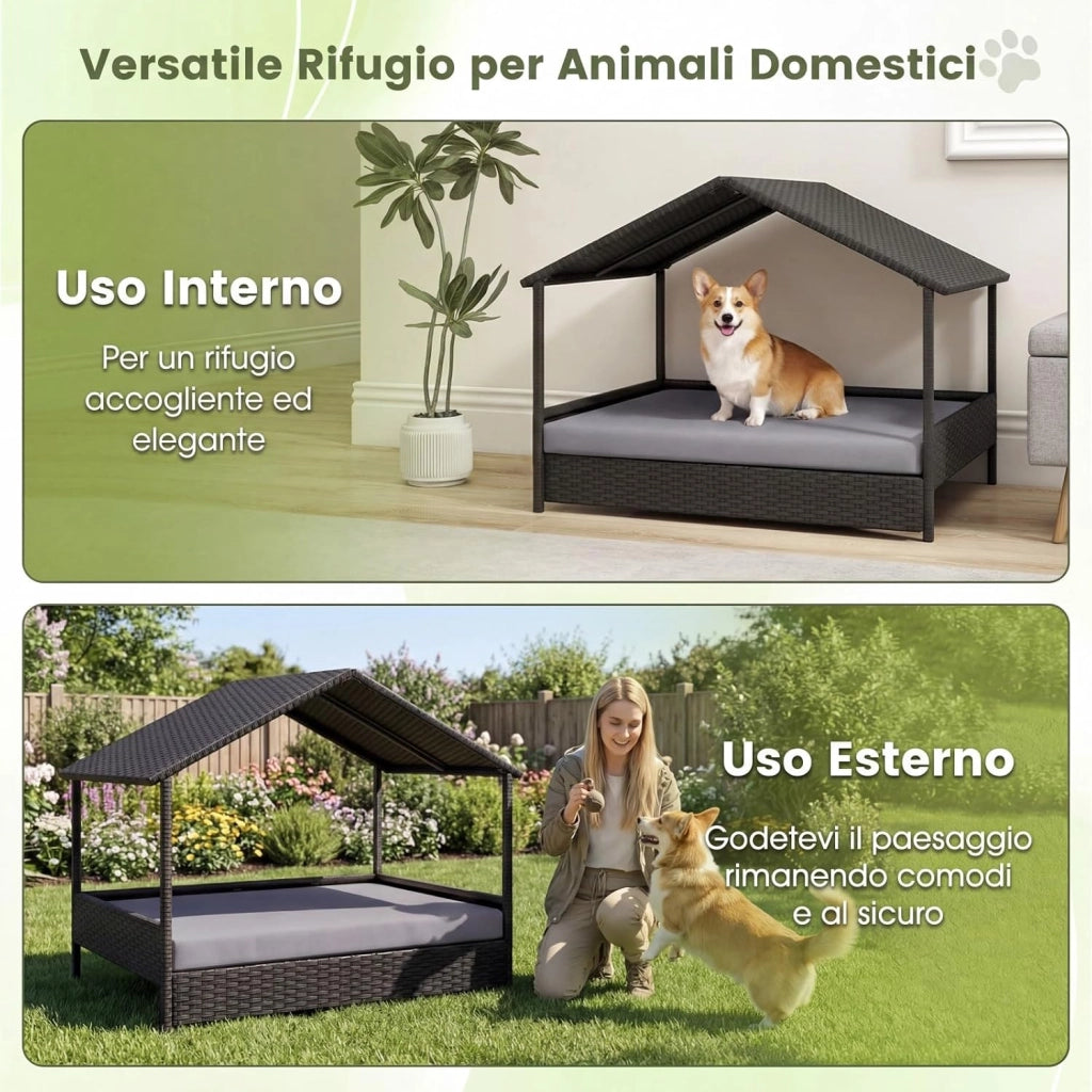Casetta per Cani da Esterno e Interno, Letto Rialzato in Rattan con Struttura in Metallo, Tetto Impermeabile e Cuscino Rimovibile, per Cani di Taglia Piccola e Media fino a 60 KG (Grigio)
