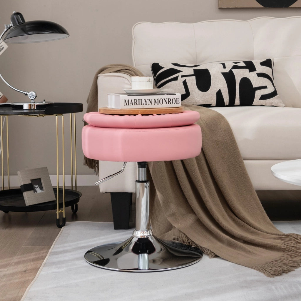 Sgabello girevole a 360¡ã per vanit¨¤ con portaoggetti, Sedia in pelle PU regolabile in altezza da 51-66cm Rosa-Sgabelli