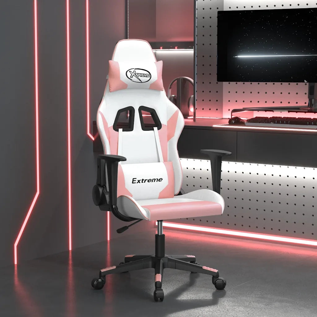 Sedia da Gaming | Sedia da e-sports Massaggiante Bianco e Rosa in Similpelle