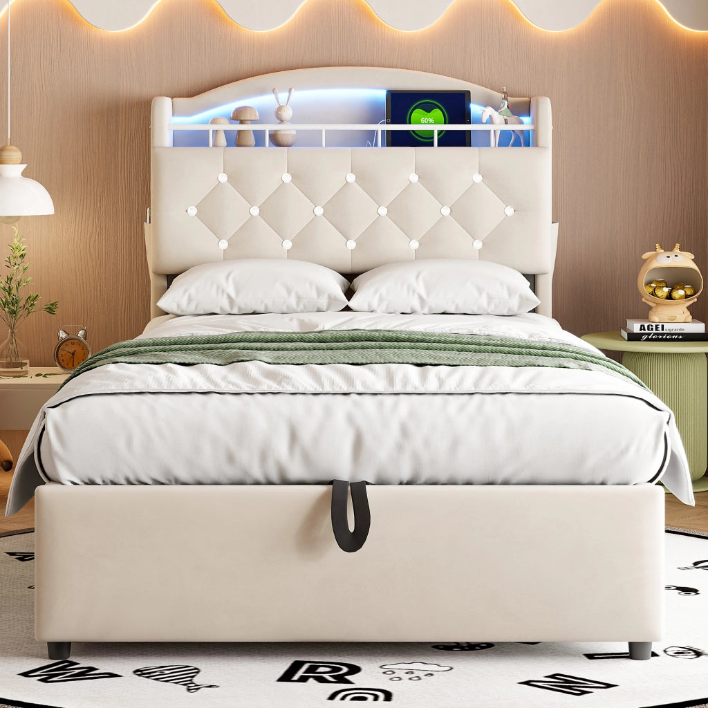DESMIU Litto per bambini 90 × 200 cm con contenitore, LED e USB, senza materasso, in velluto, beige