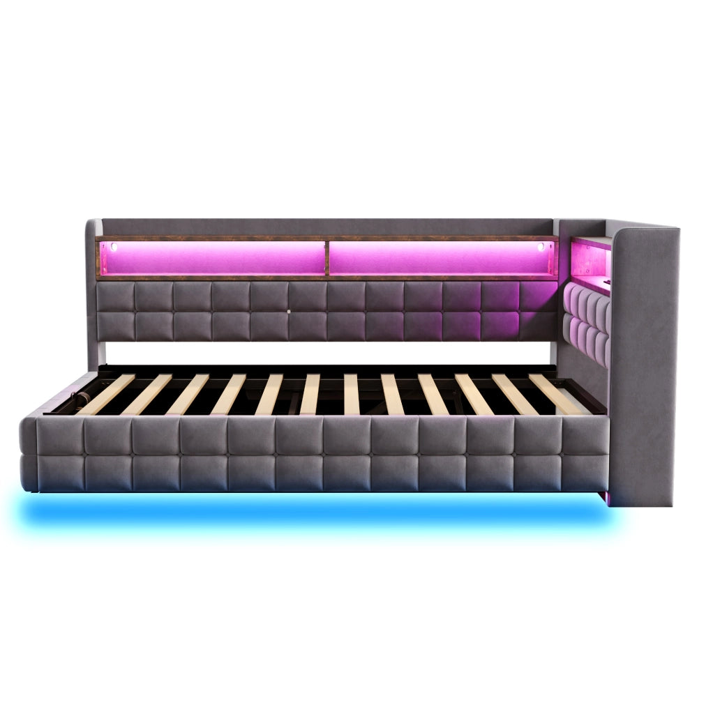 Letto imbottito multifunzione 90x200 cm con contenitore; LED; USB e presa; grigio