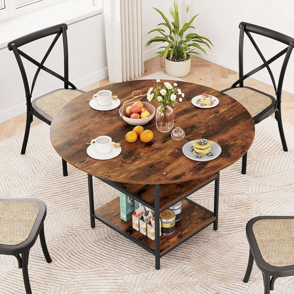 Tavolo da Pranzo Rotondo Ø 120 cm, adatto per 4-6 Persone, con 2 Ripiani, Piano Effetto Legno e Struttura in Metallo, Stile Industriale, Ideale per Cucina e Sala da Pranzo