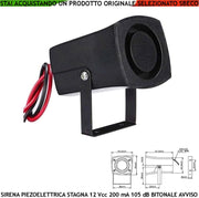 Segnalazione Pericolo Barca Sirena Piezoelettrica Stagna 12 Vcc Assorbimento 200 mA Pressione Acustica 105 dB a 1 Metro Frequenza 1500/4000 Hz Allarme Moto Bici Retromarcia Furto Staffa di Fissaggio