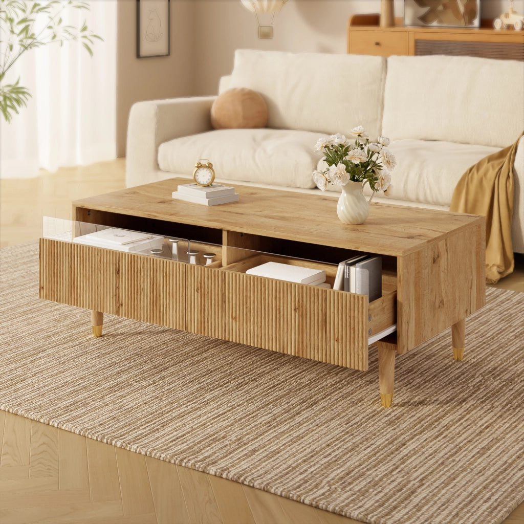 OKWISH Tavolino da Salotto Moderno con 2 Cassetti, LED Multicolore, Frontali Ondulati, per Soggiorno, MDF, Legno, 110 × 50 × 40 cm