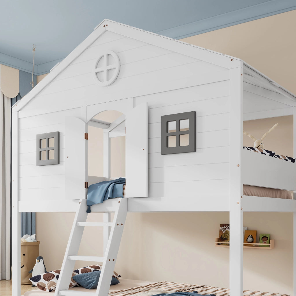 Letto a soppalco 90x200 cm con scala e protezione anticaduta; pino e MDF; bianco e grigio con finestre