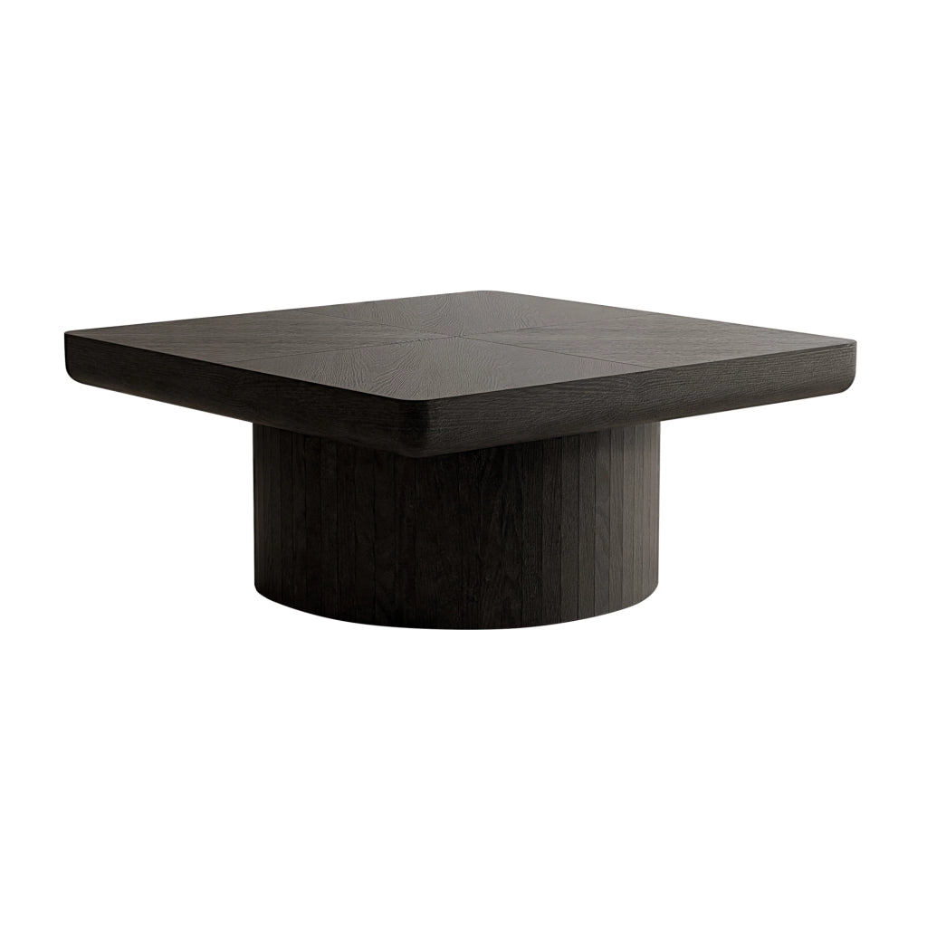 Tavolino da caffè quadrato con piano effetto parquet da 8 cm e base cilindrica; nero