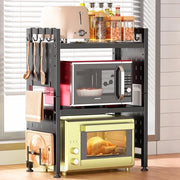 Organizzatore magnetron per lavoro in cucina, organizzatore per lavoro in cucina a due livelli, stand per piatti e utensili con 8 ganci, regolabile da 44 a 70 cm, nero