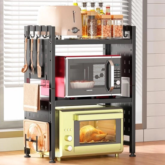 Organizzatore magnetron per lavoro in cucina, organizzatore per lavoro in cucina a due livelli, stand per piatti e utensili con 8 ganci, regolabile da 44 a 70 cm, nero