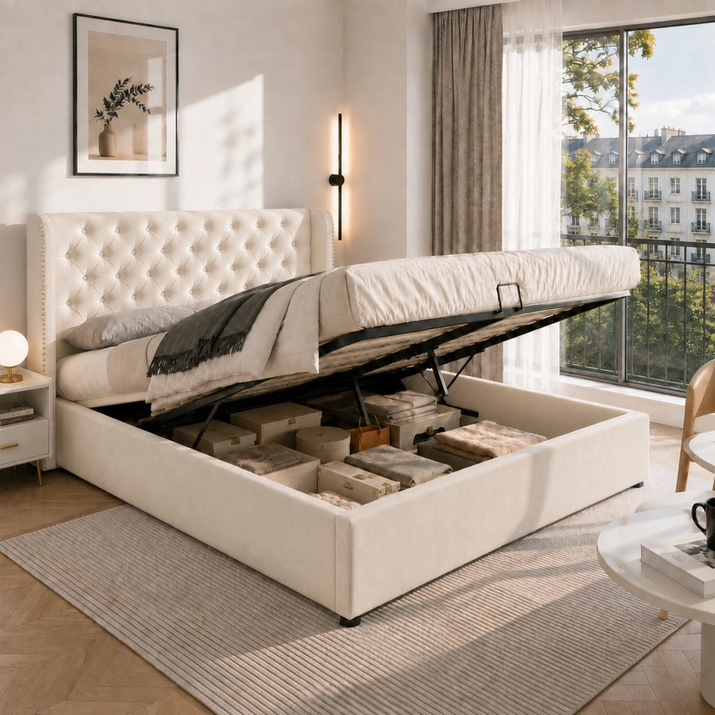 DESMIU Letto contenitore 140 × 200 cm 2 posti con apertura idraulica e senza materasso, in velluto, beige