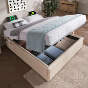 Letto contenitore per materasso 160x200 cm con USB e Type-C; lino beige e naturale; senza testiera