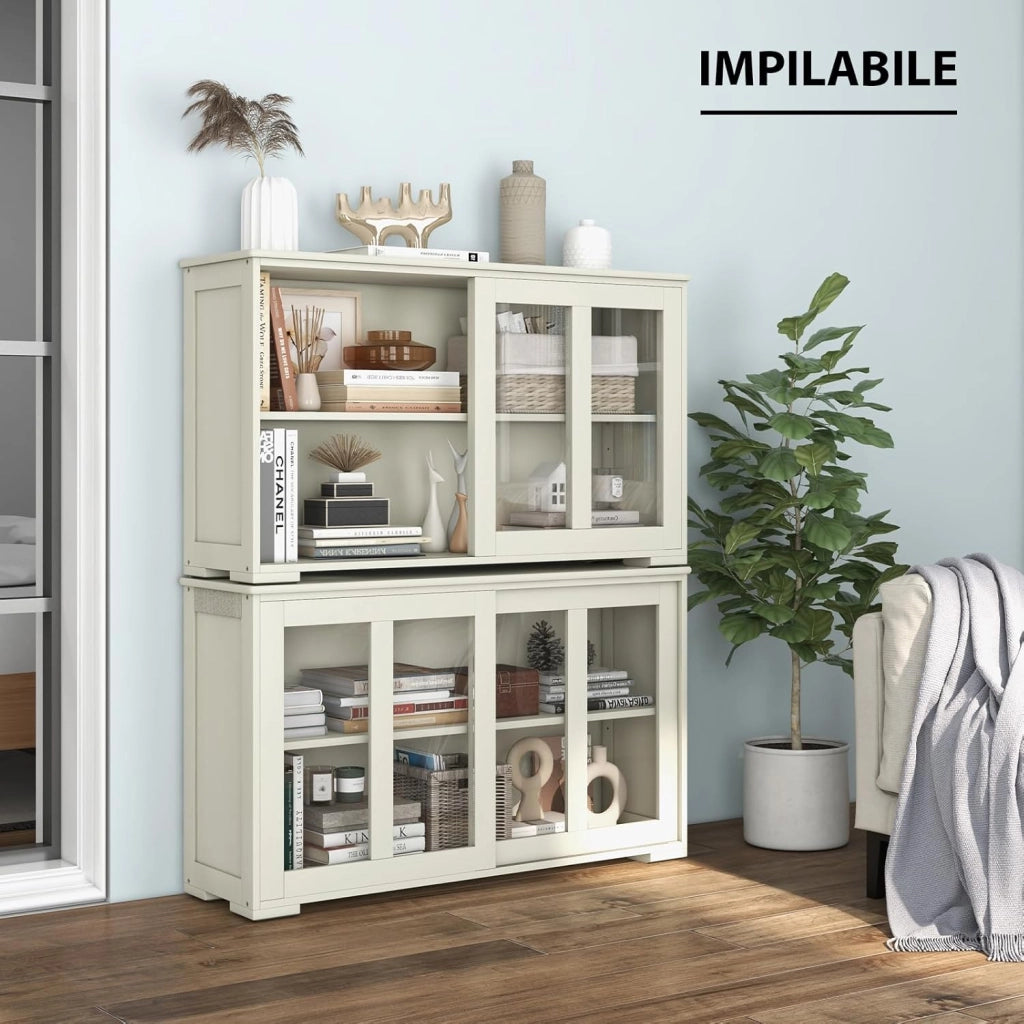 Armadietto da Cucina Mobile Laterale Multiuso con Ante Scorrevoli, in Legno e Vetro, 106,5 x 33 x 62,5 cm (Bianco Crema)